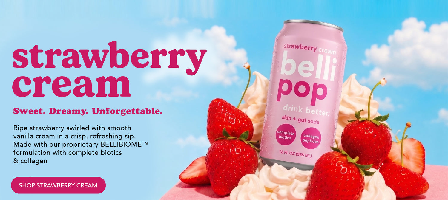BelliPop Strawberry Cream - Skin and Gut Soda with Complete Biotics and Collagen