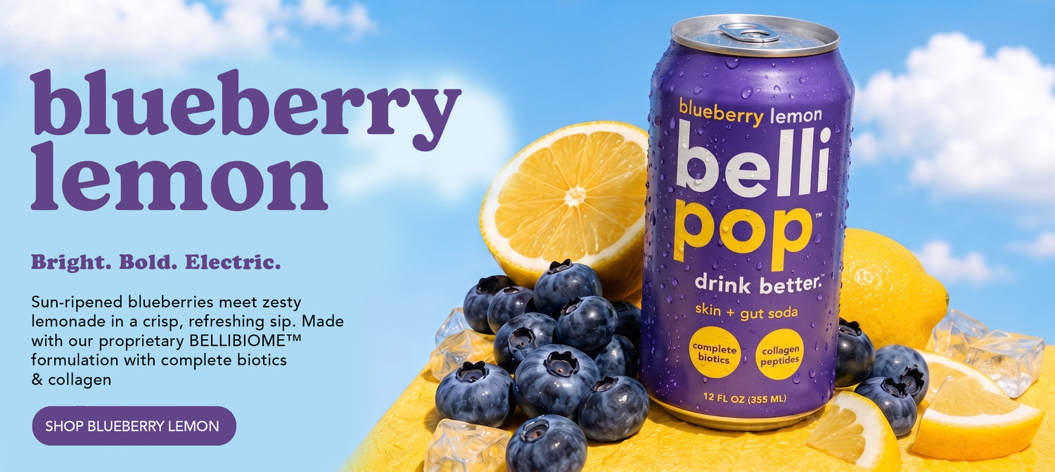 BelliPop Blueberry Lemon - Skin and Gut Soda with Complete Biotics and Collagen